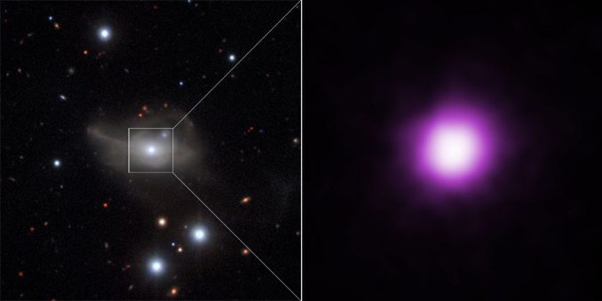VLT-Aufnahme der Galaxie Markarian 1018 (links) und Chandra-Bild ihrer Zentralregion (rechts). (X-ray: NASA / CXC / Univ of Sydney / R.McElroy et al, Optical: ESO / CARS Survey) VLT-Aufnahme der Galaxie Markarian 1018 (links) und Chandra-Bild ihrer Zentralregion (rechts). (X-ray: NASA / CXC / Univ of Sydney / R.McElroy et al, Optical: ESO / CARS Survey)