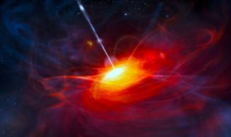 Diese Illustration zeigt einen fernen Quasar, der von einem Schwarzen Loch mit zwei Milliarden Sonnenmassen mit Energie versorgt wird. (ESO / M. Kornmesser)