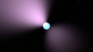 Künstlerische Darstellung eines Pulsars. Wie ein Leuchtturm emittiert er regelmäßige Pulse, während er rotiert. (Credits: SA / JPL-Caltech)