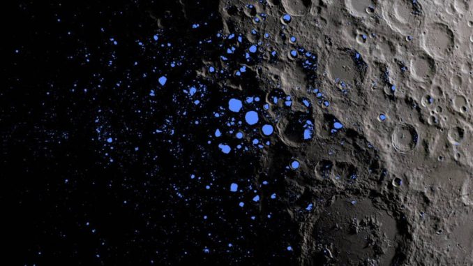 Diese Karte zeigt die permanent im Schatten liegenden Regionen (blau) in der Nähe des lunaren Südpols. (Credits: NASA Goddard / LRO mission)