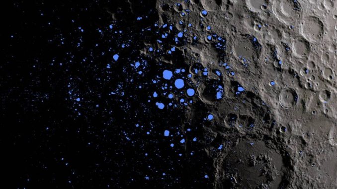 Diese Karte zeigt die permanent im Schatten liegenden Regionen (blau) in der Nähe des lunaren Südpols. (Credits: NASA Goddard / LRO mission) Diese Karte zeigt die permanent im Schatten liegenden Regionen (blau) in der Nähe des lunaren Südpols. (Credits: NASA Goddard / LRO mission)