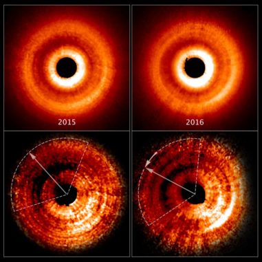 Hubble-Aufnahmen der Gas- und Staubscheibe um den jungen Stern TW Hydrae. Der Schatten mit seiner veränderten Position ist erkennbar. (Credit: NASA, ESA, and J. Debes (STScI)) Hubble-Aufnahmen der Gas- und Staubscheibe um den jungen Stern TW Hydrae. Der Schatten mit seiner veränderten Position ist erkennbar. (Credit: NASA, ESA, and J. Debes (STScI))