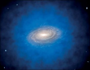 Künstlerische Darstellung einer Galaxie des Milchstraßen-Typs im lokalen Universum, umgeben von einem großen Halo aus bläulichen, schwachen Lyman-Alpha-Photonen (Credit: ESO / L. Calçada)