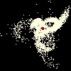 In diesem computergenerierten Bild markiert ein rotes Oval die Scheibe unserer Milchstraßen-Galaxie, und ein roter Punkt zeigt die Position der Sagittarius-Zwerggalaxie. Die gelben Kreise repräsentieren Sterne, die aus der Zwerggalaxie herausgerissen wurden. (Marion Dierickx / CfA)
