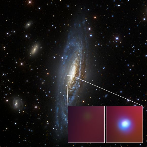Diese Aufnahme des Sloan Digital Sky Survey zeigt die Spiralgalaxie NGC 7331 in sichtbaren Wellenlängen. In den Kästchen sind Aufnahmen der Supernova SN 2014C im Röntgenlicht zu sehen. (Credits: X-ray images: NASA / CXC / CIERA / R.Margutti et al; Optical image: SDSS)