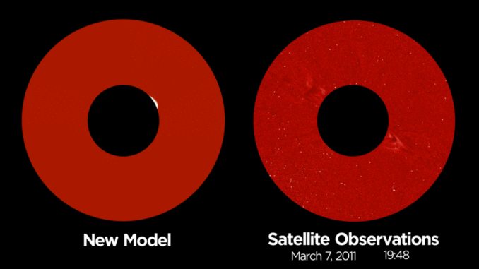 Diese animierte Bildserie zeigt die Ausbreitung eines koronalen Massenauswurfs, wie er von der Sonne ausbricht und durch den Weltraum reist. Verglichen wird die Simulation des neuen EEGGL-Modells (links) mit echten SOHO-Beobachtungen (rechts). SOHO beobachtete diesen koronalen Massenauswurf am 7. März 2011. (NASA / CCMC / University of Michigan / Joy Ng)