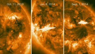 Ultraviolettbilder dreier Flares auf der abgelegenen Seite der Sonne, aufgenommen von den STEREO-Satelliten der NASA. Das Fermi-Teleskop konnte keinen Flare direkt beobachten, registrierte jedoch hochenergetische Gammastrahlen von ihnen. (Credits: NASA / STEREO)