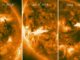 Ultraviolettbilder dreier Flares auf der abgelegenen Seite der Sonne, aufgenommen von den STEREO-Satelliten der NASA. Das Fermi-Teleskop konnte keinen Flare direkt beobachten, registrierte jedoch hochenergetische Gammastrahlen von ihnen. (Credits: NASA / STEREO)