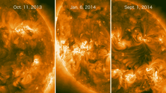 Animation dreier Flares auf der abgelegenen Seite der Sonne, basierend auf Daten der STEREO-Satelliten. Fermi registrierte Gammastrahlen von jedem Flare, obwohl das Teleskop sie nicht direkt beobachten konnte. (Credits: NASA / STEREO)