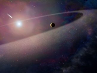 Künstlerische Illustration eines Weißen Zwergs mit einem kometenähnlichen Objekt, das auf ihn zufliegt. (NASA, ESA, and Z. Levy (STScI))