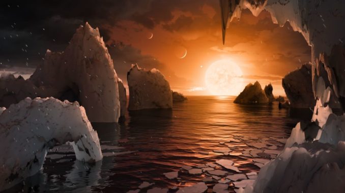 Diese Illustration zeigt die mögliche Oberfläche von TRAPPIST-1f, einem der neu entdeckten Planeten im System TRAPPIST-1. (Credits: NASA / JPL-Caltech)