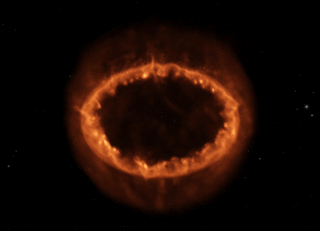 3D-Simulation des Gasrings der Supernova SN 1987A. (Credits: NASA, ESA, and F. Summers and G. Bacon (STScI); Simulation Credit: S. Orlando (INAF-Osservatorio Astronomico di Palermo))