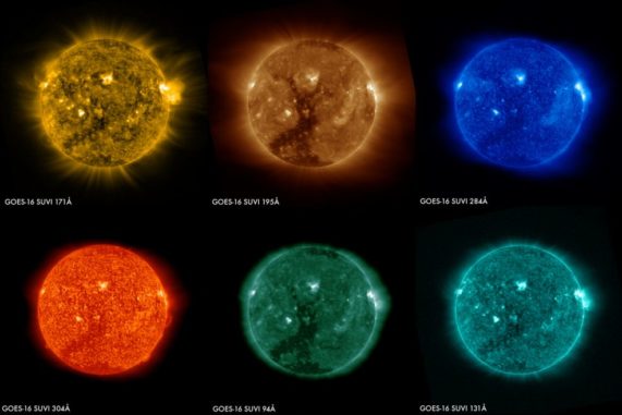 Diese Sonnenbilder wurden am 29. Januar 2017 gleichzeitig von den sechs Kanälen des SUVI-Instruments an Bord des Satelliten GOES-16 gemacht. Sie zeigen ein großes koronales Loch in der südlichen Hemisphäre der Sonne. Jeder Kanal zeigt die Sonne in einer anderen Wellenlänge. (Credits: NOAA)