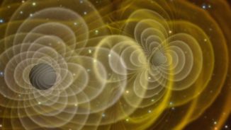 Illustration von Gravitationswellen zweier umkreisender Schwarzer Löcher. (Henze / NASA)
