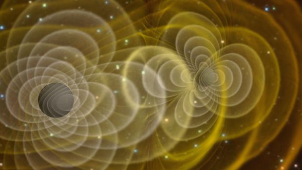 Illustration von Gravitationswellen zweier umkreisender Schwarzer Löcher. (Henze / NASA) Illustration von Gravitationswellen zweier umkreisender Schwarzer Löcher. (Henze / NASA)