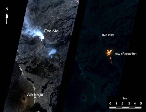 Eine künstliche Intelligenz an Bord des NASA-Satelliten EO-1 assistierte beim Fotografieren einer Eruption des Vulkans Erta Ale in Äthiopien. Die Beobachtung wurde autonom durch das Volcano Sensor Web eingeleitet. (Credits: NASA / JPL / EO-1 Mission / GSFC / Ashley Davies)