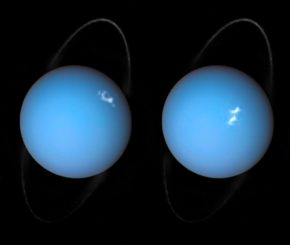 Polarlichter auf Uranus. Die Bilder basieren auf Beobachtungen der Raumsonde Voyager 2 und des Weltraumteleskops Hubble. (Credits: ESA / Hubble & NASA, L. Lamy)