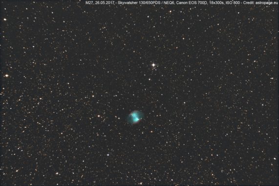 Der Hantelnebel M27 am 26. Mai 2017. (Credit: astropage.eu)