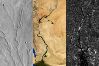 Von links nach rechts: Flussnetzwerke auf dem Mars, der Erde und Titan. (Credit: Benjamin Black / NASA / Visible Earth / JPL / Cassini RADAR team. Adapted from images from NASA Viking, NASA / Visible Earth, and NASA / JPL / Cassini RADAR team)