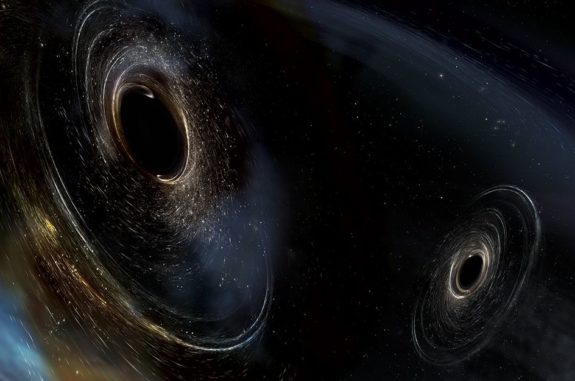 Künstlerische Darstellung der beiden verschmelzenden Schwarzen Löcher im System GW170104. (Image: LIGO / Caltech / MIT / Sonoma State (Aurore Simonnet)) Künstlerische Darstellung der beiden verschmelzenden Schwarzen Löcher im System GW170104. (Image: LIGO / Caltech / MIT / Sonoma State (Aurore Simonnet))