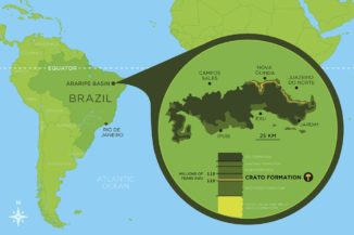 Der Fundort des fossilen Pilzes liegt im Araripe-Becken im Nordosten Brasiliens. (Credit: Graphic by Danielle Ruffatto)