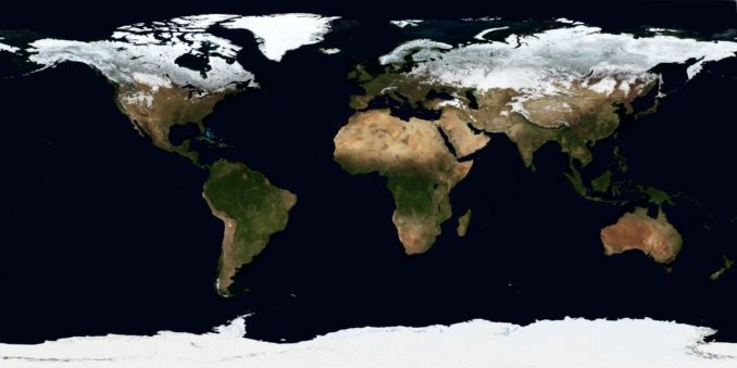 Bevor die Kontinente an hier dargestellten heutigen Positionen drifteten, waren sie vor vielen Millionen Jahren im Superkontinent Pangaea vereint. (Credit: Reto Stöckli, NASA Earth Observatory)