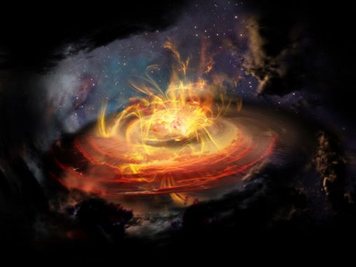 Künstlerische Darstellung von chaotischen Magnetfeldlinien in der Nähe eines gerade entstehenden Protosterns. (Credit: NRAO / AUI / NSF; D. Berry) Künstlerische Darstellung von chaotischen Magnetfeldlinien in der Nähe eines gerade entstehenden Protosterns. (Credit: NRAO / AUI / NSF; D. Berry)