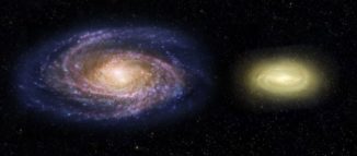 Diese Illustration zeigt einen Vergleich der "toten" Galaxie MACS2129-1 (rechts) mit der Milchstraßen-Galaxie (links). (Credits: NASA, ESA, and Z. Levy (STScI))