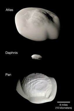 Fotomontage der kleinen Ringmonde Atlas, Daphnis und Pan, aufgenommen von der Raumsonde Cassini. (Credit: NASA / JPL-Caltech / Space Science Institute) Fotomontage der kleinen Ringmonde Atlas, Daphnis und Pan, aufgenommen von der Raumsonde Cassini. (Credit: NASA / JPL-Caltech / Space Science Institute)