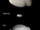 Fotomontage der kleinen Ringmonde Atlas, Daphnis und Pan, aufgenommen von der Raumsonde Cassini. (Credit: NASA / JPL-Caltech / Space Science Institute)