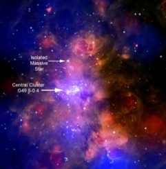 Kompositbild der Riesenmolekülwolke W51, basierend auf Daten der Weltraumteleskope Chandra und Spitzer. (Credits: X-ray: NASA / CXC / PSU / L.Townsley et al; Infrared: NASA / JPL-Caltech)
