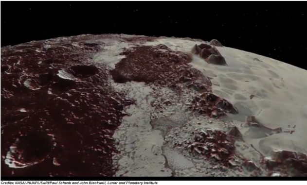 Screenshot aus dem Video, das den Überflug über Plutos Oberfläche zeigt. (Credit: NASA / JHUAPL / SwRI / Paul Schenk and John Blackwell, Lunar and Planetary Institute)