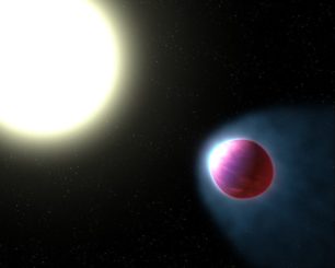 Illustration des Exoplaneten WASP-121b, dessen obere Atmosphärenschicht auf 2.500 Grad Celsius aufgeheizt wird. (Credits: NASA, ESA, and G. Bacon (STSci))