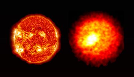 Die Sonne (links) ist etwa 10^38 Mal massereicher und circa 10^13 Mal größer, aber die Implosionen an der National Ignition Facility (rechts) werden genutzt, um die Bedingungen tief im Innern von Sternen nachzubilden. (Credit: Lawrence Livermore National Laboratory)