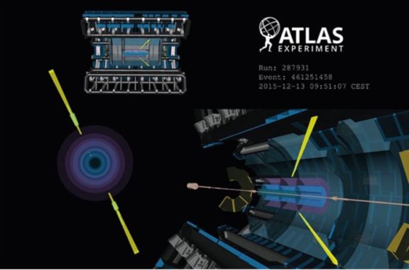 Schematische Darstellung einer Licht-an-Licht-Streuung im Detektor des ATLAS-Experiments. (Credits: ATLAS / CERN)