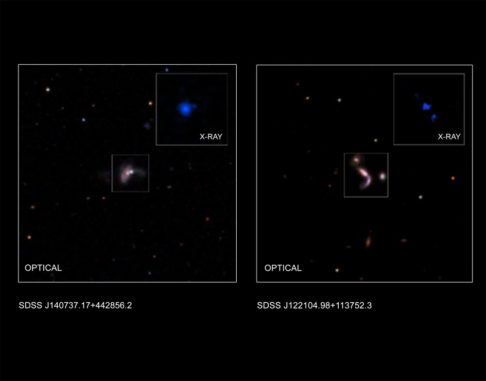 Diese Grafik zeigt zwei der fünf neuen Paare aus supermassiven Schwarzen Löchern, die kürzlich von Astronomen identifiziert wurden. (Credits: X-ray (J122104): NASA / CXC / George Mason Univ. / S.Satyapal et al.; X-ray (J140737): NASA / CXC / Univ. of Victoria / S.Ellison et al.; Optical: SDSS; Illustration: NASA / CXC / A.Hobart)