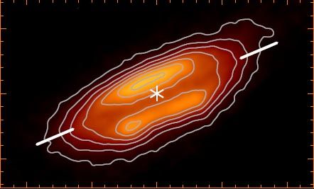 Dieses Bild zeigt die protoplanetare Scheibe um den jungen Stern HH-212 in Submillimeter-Wellenlängen. (Credits: Lee et al., 2017) Dieses Bild zeigt die protoplanetare Scheibe um den jungen Stern HH-212 in Submillimeter-Wellenlängen. (Credits: Lee et al., 2017)