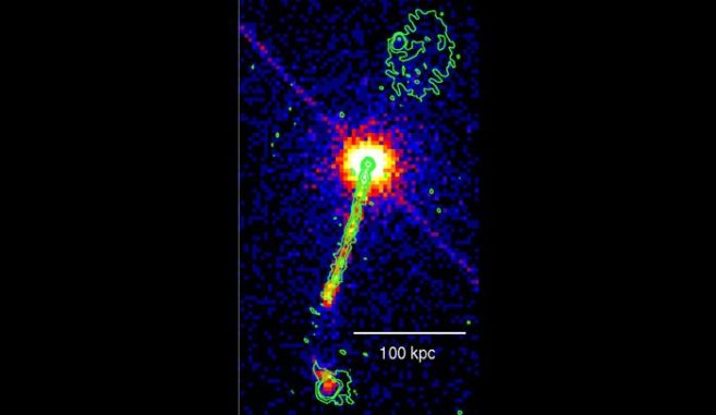 Chandra-Aufnahme des Quasars 4C+19.44. Die Konturen zeigen die Radioemissionen an. Der extrem helle Kern produziert eine Linie aus hellen Pixeln als Artefakt. (Credits: NASA / Chandra VLA and Harris et al.)