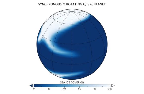 Diese Grafik zeigt die mögliche Eisverteilung auf einer Wasserwelt mit gebundener Rotation. Der Stern liegt rechts. Blau deutet offenes Meer an, während Weiß die Präsenz von Meereis kennzeichnet. (Credits: Anthony Del Genio / GISS / NASA)