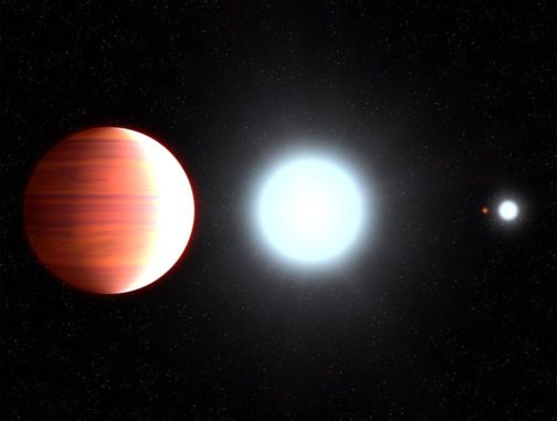 Diese Illustration zeigt den sehr heißen Planeten Kepler-13Ab nahe an seinem Zentralstern Kepler-13A. Rechts im Hintergrund sind die anderen Sterne des Systems dargestellt, Kepler-13B und der orangefarbene Zwergstern Kepler-13C. (Credits: NASA, ESA, and G. Bacon (STScI)) Diese Illustration zeigt den sehr heißen Planeten Kepler-13Ab nahe an seinem Zentralstern Kepler-13A. Rechts im Hintergrund sind die anderen Sterne des Systems dargestellt, Kepler-13B und der orangefarbene Zwergstern Kepler-13C. (Credits: NASA, ESA, and G. Bacon (STScI))