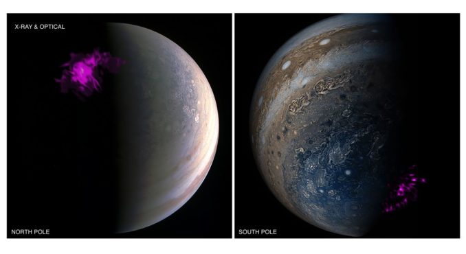 Röntgenauroras an Jupiters Nord- und Südpol. (Credits: X-ray: NASA / CXC / UCL / W.Dunn et al.; Optical: South Pole: Credits: NASA / JPL-Caltech / SwRI / MSSS / Gerald Eichstädt / Seán Doran; North Pole Credit: NASA / JPL-Caltech / SwRI / MSSS)