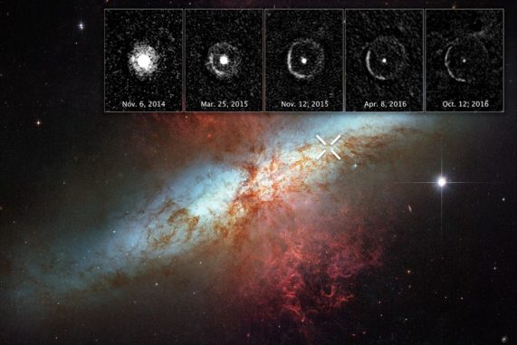 Die Galaxie M82 mit der Position der Supernova SN 2014J. Die kleineren Bilder zeigen das expandierende Lichtecho. (Credits: NASA, ESA, and Y. Yang (Texas A&M University and Weizmann Institute of Science, Israel); Acknowledgment: M. Mountain (AURA) and The Hubble Heritage Team (STScI / AURA))