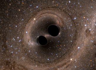 Diese Simulation zeigt die bevorstehende Kollision zweier Schwarzer Löcher, durch die Gravitationswellen produziert werden. (Credits: SXS)