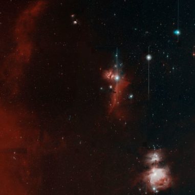 First Light der Zwicky Transient Facility. Unten rechts ist der Orionnebel zu sehen, etwa in der Bildmitte liegen der Flammennebel und der Pferdekopfnebel. Dies ist eine kleine Version, die Originalauflösung ist unten im Text verlinkt. (Credits: Caltech Optical Observatories)