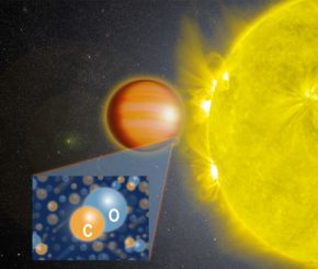 Künstlerische Darstellung des Planeten WASP-18b in der Nähe seines Zentralsterns. Die Atmosphäre des Planeten enthält große Mengen Kohlenstoffmonoxid (CO) aber kein Wasser. (Credit: NASA's Goddard Space Flight Center)
