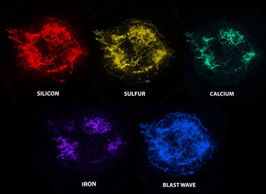 Die Verteilung der einzelnen Elemente im Supernova-Überrest Cassiopeia A und dessen Schockwelle. (Credits: NASA / CXC / SAO)