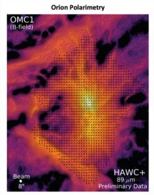Polarisationsmessungen des HAWC+-Instruments bei 89 Mikrometern zeigen die Struktur der Magnetfelder in der Orion-Sternentstehungsregion. Jedes Liniensegment spiegelt die Ausrichtung des Magnetfeldes an der Position wider. Darunter liegt ein Bild der Gesamthelligkeit in derselben Wellenlänge. (Credits: NASA / SOFIA / Caltech / Darren Dowell)