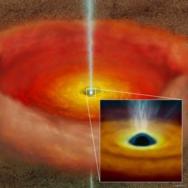 Künstlerische Darstellung einer Akkretionsscheibe aus heißer Materie um ein rotierendes supermassives Schwarzes Loch, das zwei Materiejets abstößt. (Credit: NAOJ)