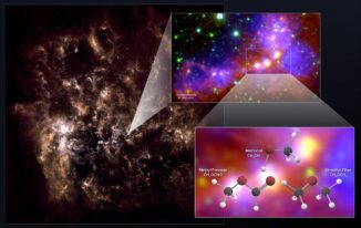 Ein Infrarotbild der Großen Magellanschen Wolke. Das kleine Bild zeigt die untersuchte Sternentstehungsregion mit den Protosternen, in deren Umgebung ALMA die organischen Moleküle registriert hat. (Credits: NRAO / AUI / NSF; ALMA (ESO / NAOJ / NRAO); Herschel / ESA; NASA / JPL-Caltech; NOAO)