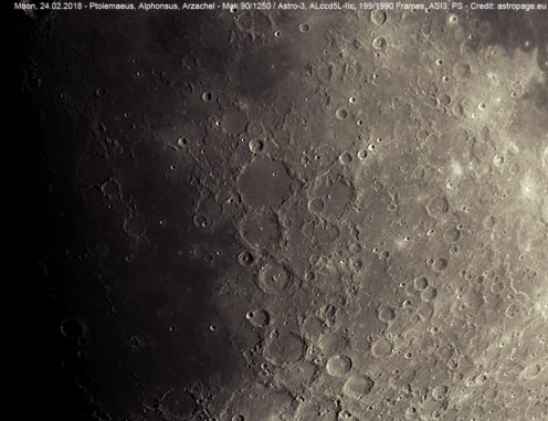 Die Kraterkette mit Ptolemaeus, Alphonsus und Arzachel. (Credit: astropage.eu) Die Kraterkette mit Ptolemaeus, Alphonsus und Arzachel. (Credit: astropage.eu)